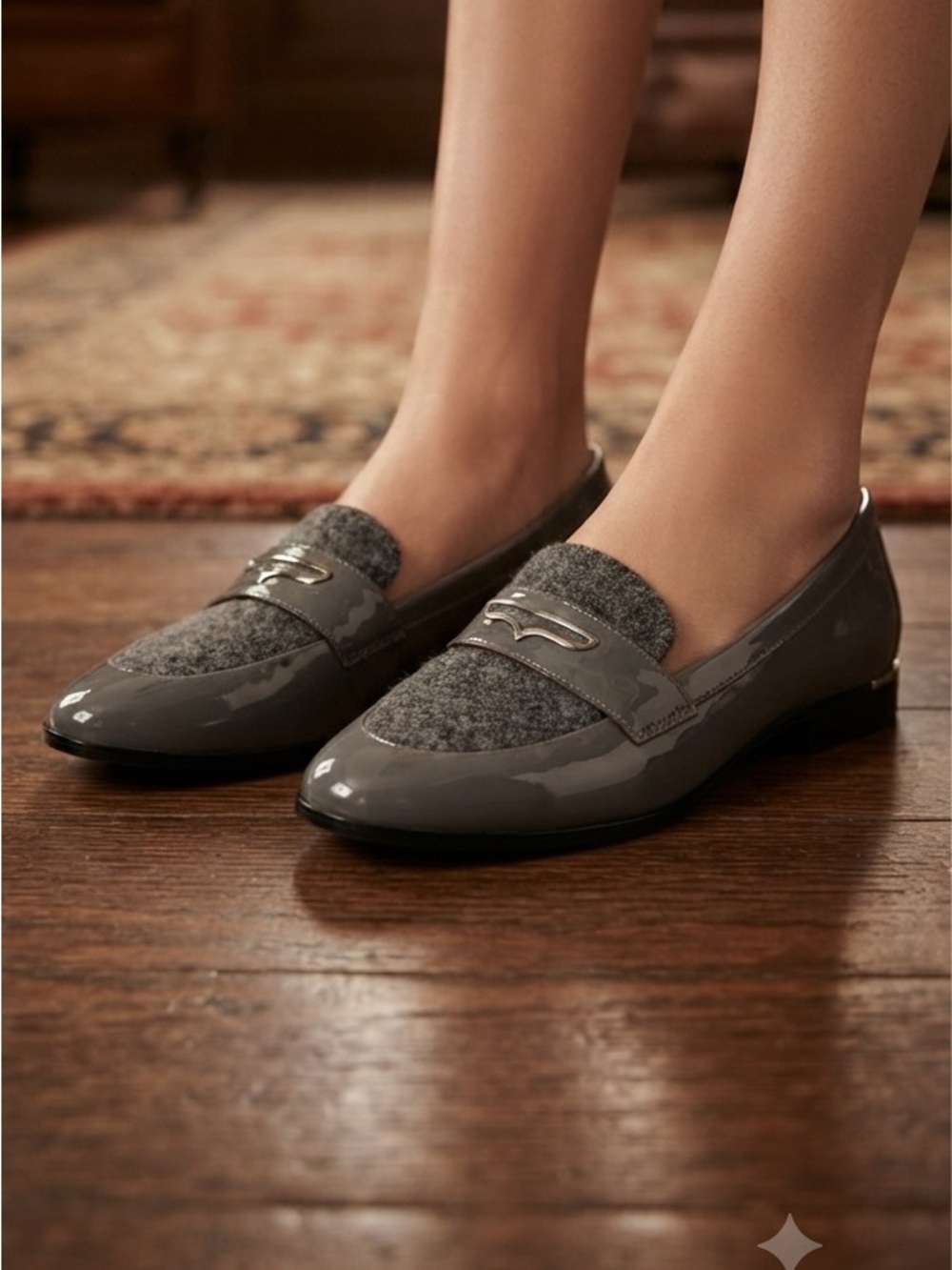Calvin Klein Grey Patent & Tweed Wool Slip-On Loafers Flat Shoes